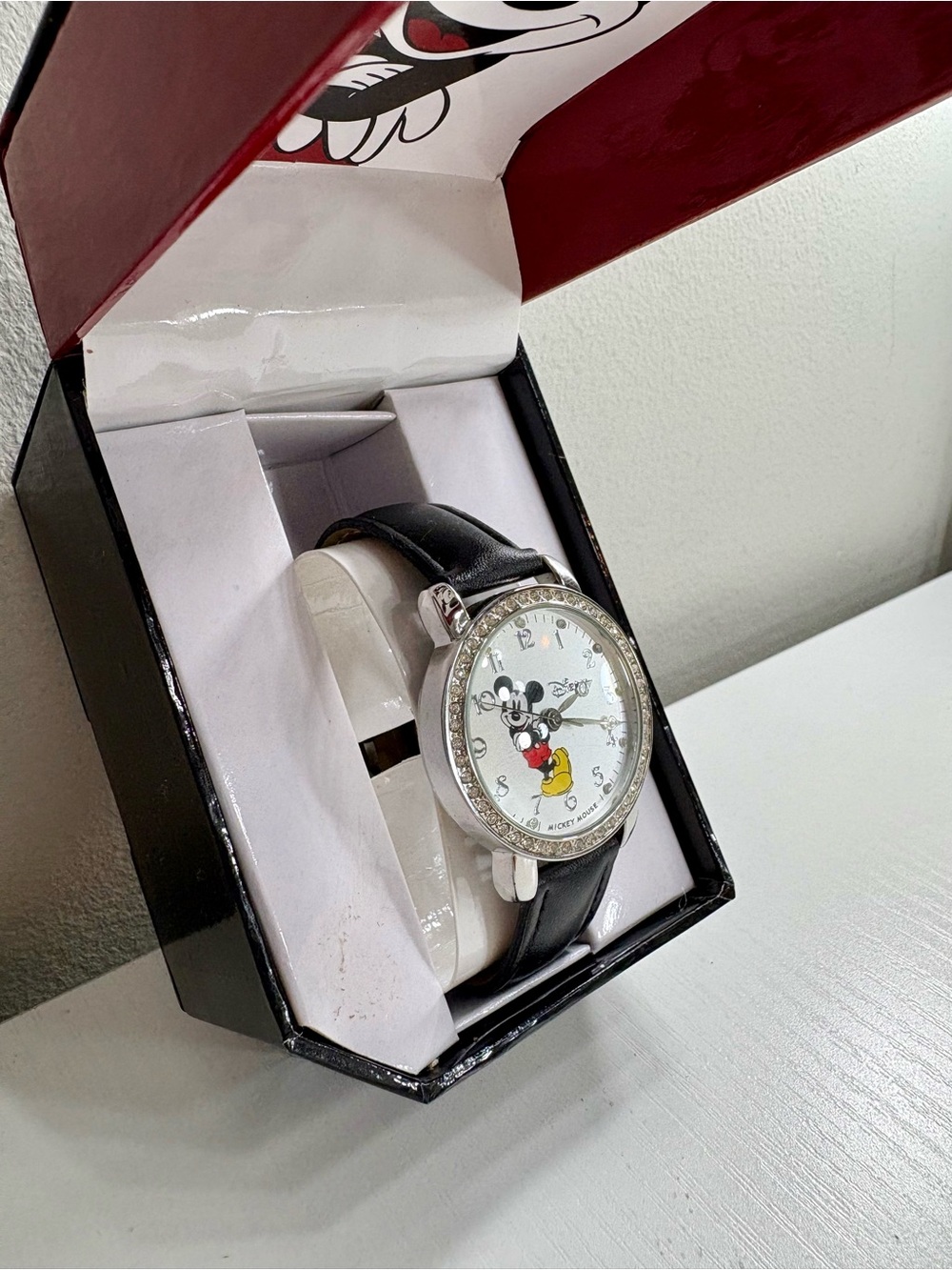 Disney Mickey Mouse Silver-Tone Watch with Black Strap and Red/Yellow Accents